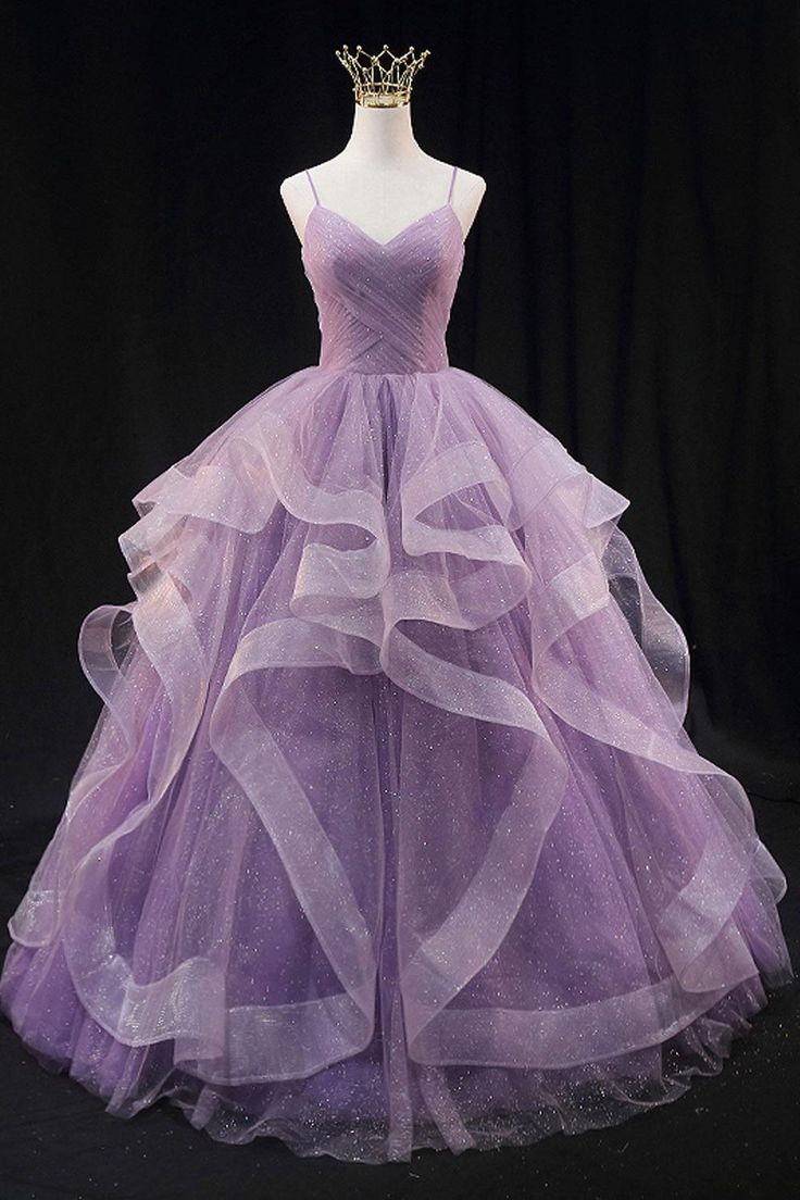 Purple Prom Dress Ball Gown Spaghetti Strap Tulle Sequin Long Formal Gown Evening Dresses For Teens Formal N038