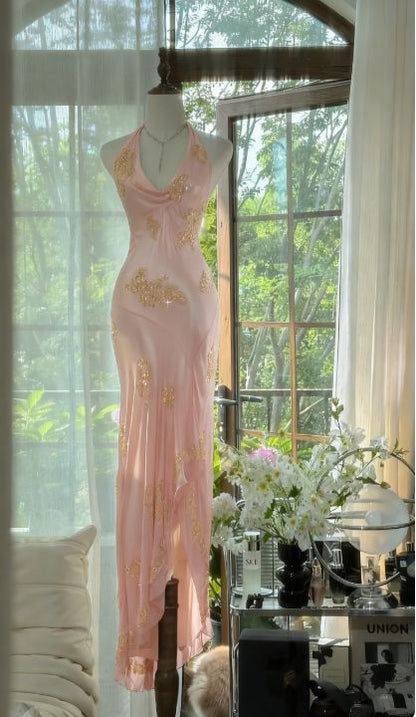 Green Halter Sheath Beaded Chiffon Long Prom Dresses Elegant Green Evening Gowns Dance Outfits N530