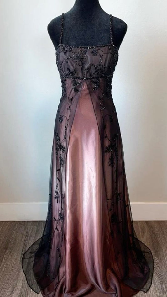 Vintage A line Spaghetti Strap Pink Beaded Bodice Satin Long Prom Dress Evening Outfits Formal Dress N539
