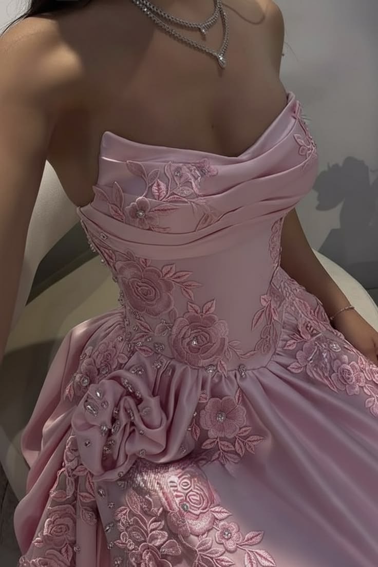 Elegant Ball Gown Strapless Pink Satin With Flowers Perfection-Formal Goals Nigh Evening Long Prom Dress Party Outfits RB6758