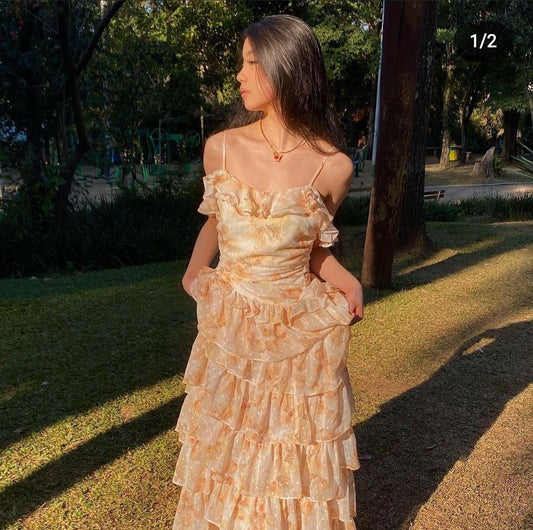 Retro A Line Spaghetti Strap 1960s Yellow Floral Chiffon Fitted Long Prom Dresses Prom Gowns AB304