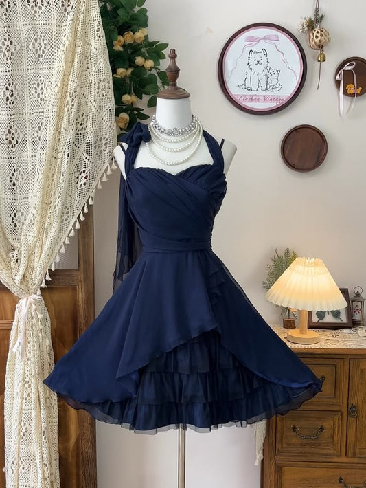 Glamorous Ball Gown Halter Chiffon Navy Blue Tulle Short Homecoming Dresses High Shool Graduation Hoco Outfits RB4661