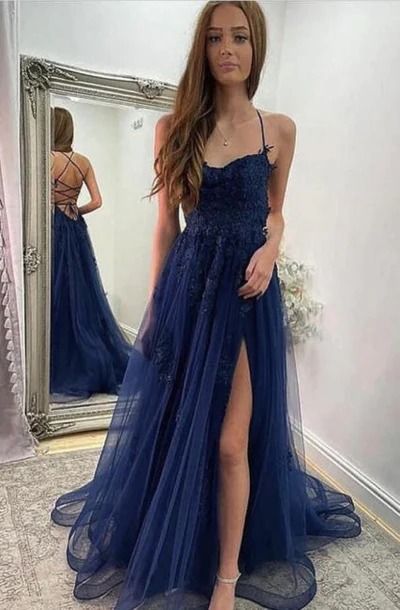Navy Blue Halter Front Slit Spaghetti Straps A-Line Tulle Prom Dress Formal Inspo Evening Dress AB702