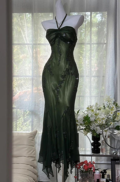 Vintage Halter Mermaid Long Prom Dresses Chiffon Beaded Dark Green Long Formal Dresses Graduation Dress N1617
