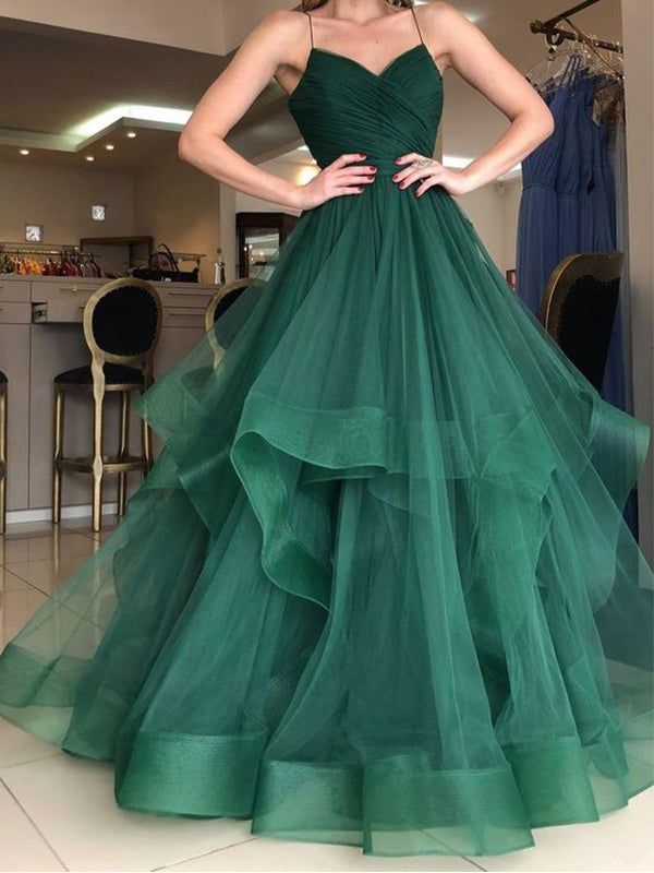 Modest Ball Gown Spaghetti Strap Emerald Green Tulle Prom Dresses Long Sweet 16 Birthday Party Dress Evening Dresses AB1166