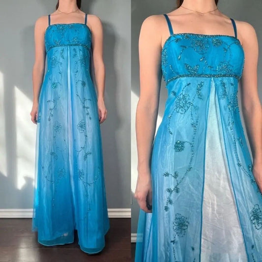 Modest A line Spaghetti Strap Blue Beaded Sleeveless Long Prom Dresses For Women N4169