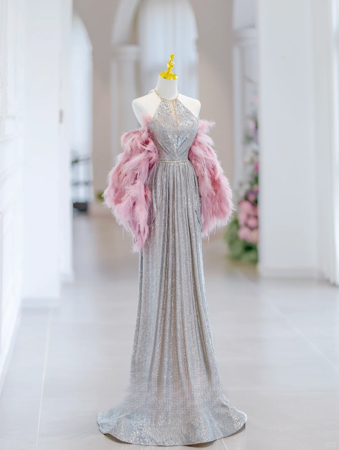 Elegant A Line Halter Silver Sequin Sparkly Long Floor Length Prom Dress Inspiration Long Prom Dresses DH2807
