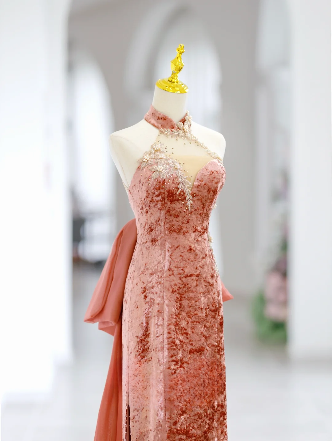 Elegant A Line Halter Velvet Pink Slit Long Floor Length Prom Dress Inspiration Long Prom Dresses DH2808