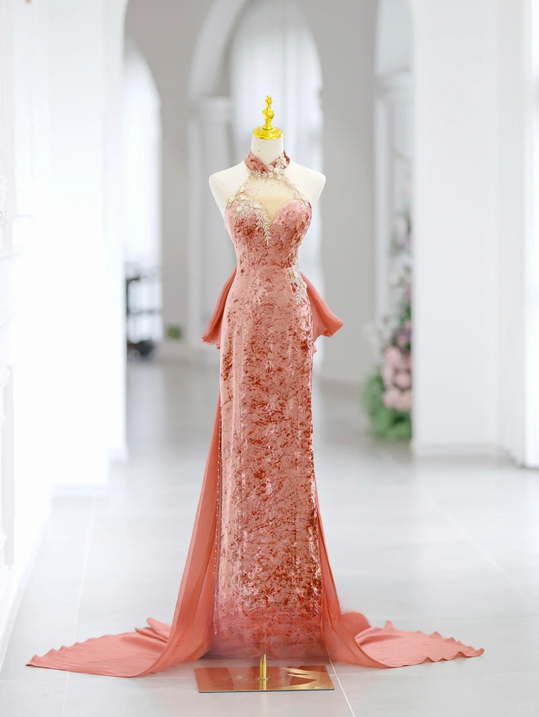 Elegant A Line Halter Velvet Pink Slit Long Floor Length Prom Dress Inspiration Long Prom Dresses DH2808