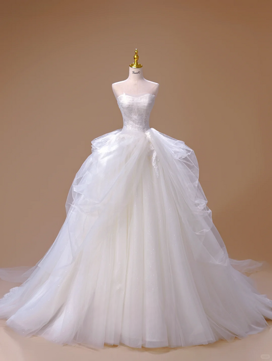 Princess Ball Gown Strapless Tulle White Long Wedding Dress Beautiful Formal Brides Gown Wedding Dresses DH2816