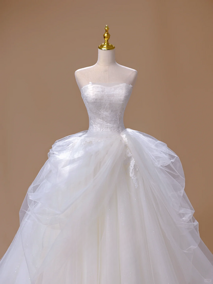 Princess Ball Gown Strapless Tulle White Long Wedding Dress Beautiful Formal Brides Gown Wedding Dresses DH2816