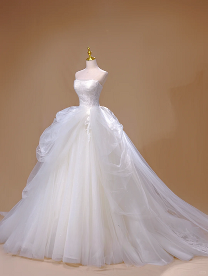 Princess Ball Gown Strapless Tulle White Long Wedding Dress Beautiful Formal Brides Gown Wedding Dresses DH2816