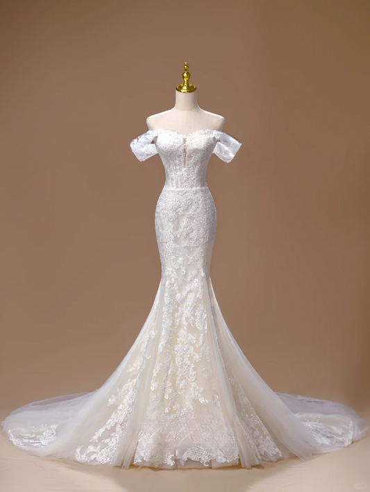 Dreamy Mermaid Off The Shoulder Lace Appliques Long Wedding Dress Beautiful Formal Short Sleeves Wedding Dresses DH2817