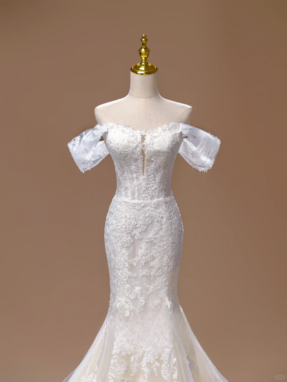 Dreamy Mermaid Off The Shoulder Lace Appliques Long Wedding Dress Beautiful Formal Short Sleeves Wedding Dresses DH2817