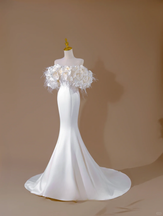 Dreamy Mermaid Off The Shoulder Flowers Satin Long Wedding Dress Beautiful Formal Short Sleeves Wedding Dresses DH2818