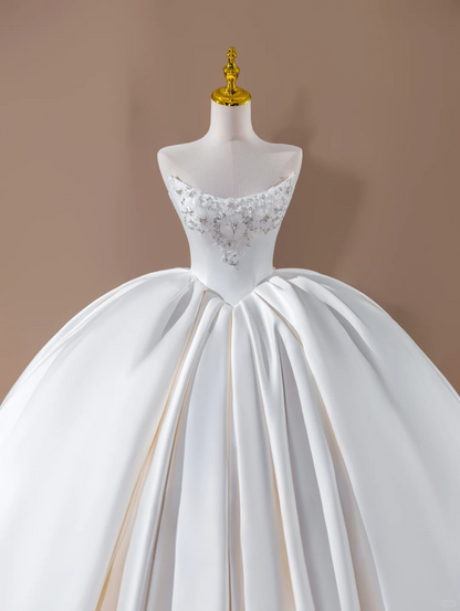 Princess Ball Gown Strapless Satin White Long Wedding Dress Beautiful Formal Brides Gown Wedding Dresses DH2819