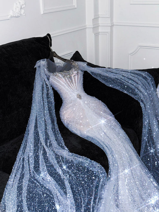 Dreamy Mermaid Long Sleeves Sequin White Fitted Wedding Dress Shiny Bridal Gowns Wedding Dresses DH2902
