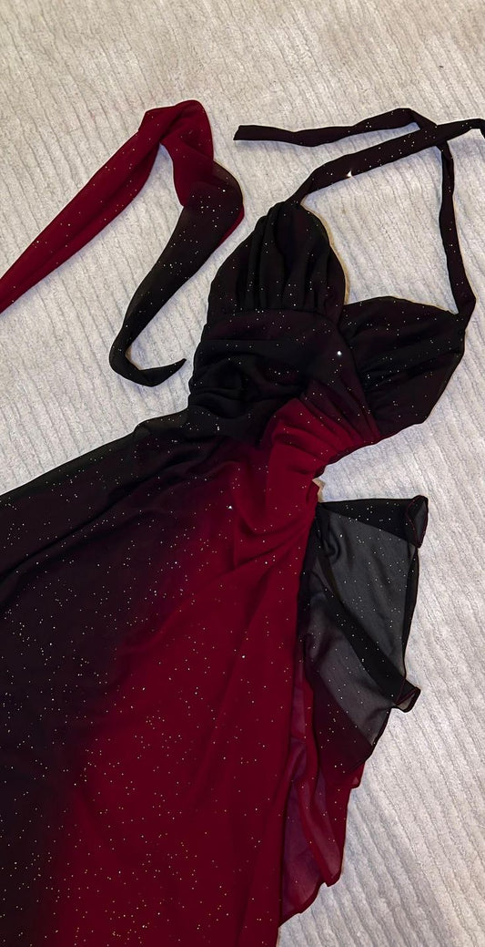 Stunning Mermaid Halter Burgundy Sequined Chiffon Long Prom Dresses Inspo Glitter Prom Gown DH2938