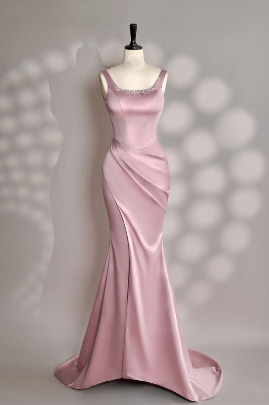 Sexy Mermaid Square Neck Pink Slit Satin Long Prom Dresses Inspiration Party Dress Prom Gowns DH2944