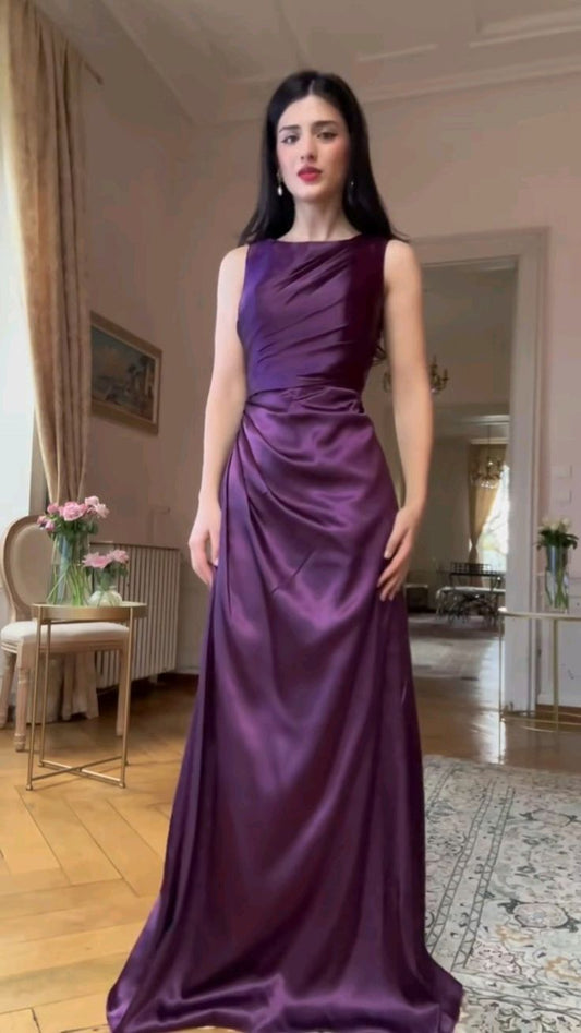 Classy Mermaid Scoop Sleeveless Purple Satin Long Prom Dresses Inspiration Prom Gown DH2956
