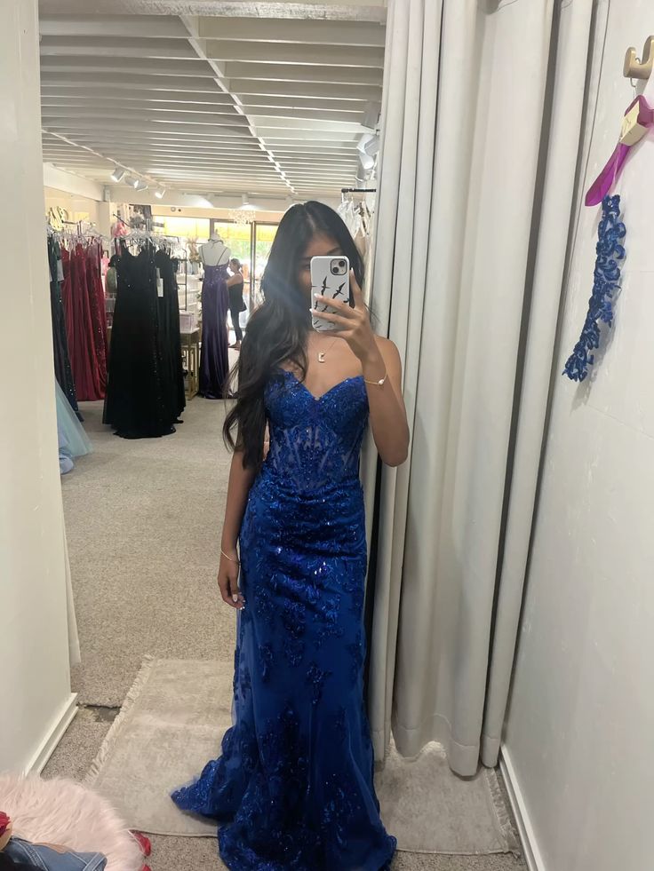 Charming Mermaid Spaghetti Straps Royal Blue Lace Tulle Long Prom Dresses Inspo Prom Gown DH2967