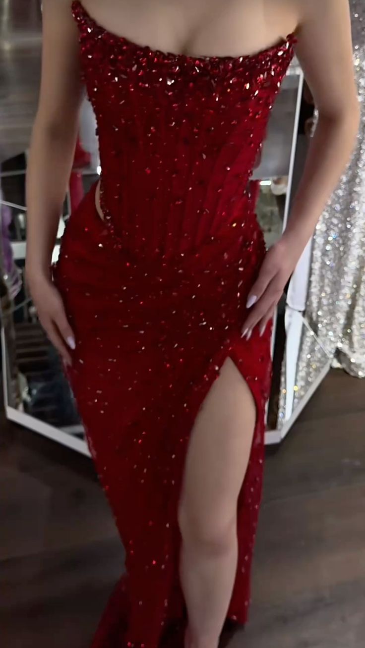 Shinning Mermaid Strapless Dark Red Beaded Sequin Prom Dresses Long Party Dress Prom Gowns DH2968