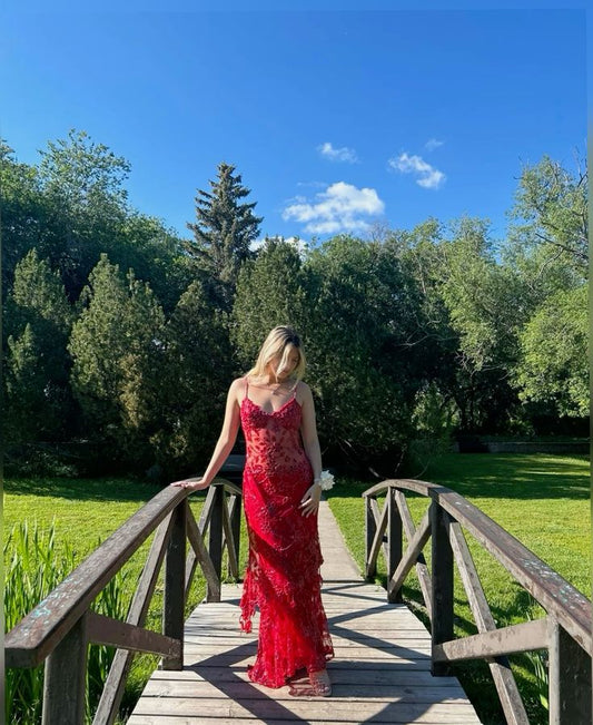 Sparkly Mermaid Spaghetti Straps Red Sequin Long Prom Dresses Inspiration Party Dress Prom Gown dh2972