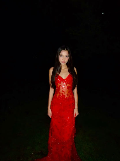 Charming Mermaid Spaghetti Straps Red Sequin Long Prom Dresses Inspiration Party Dress Prom Gown dh3263