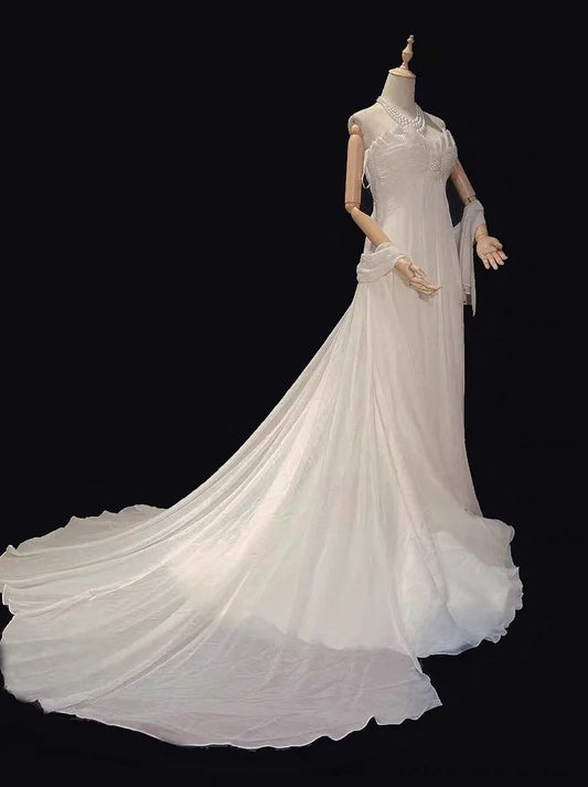 Unique Wedding Dresses A Line Sweetheart Boho Chiffon With Scarf White Long Bridal Gown N3397
