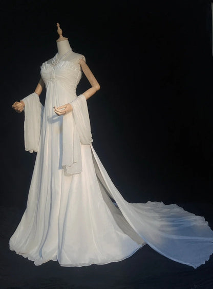 Unique Wedding Dresses A Line Sweetheart Boho Chiffon With Scarf White Long Bridal Gown N3397