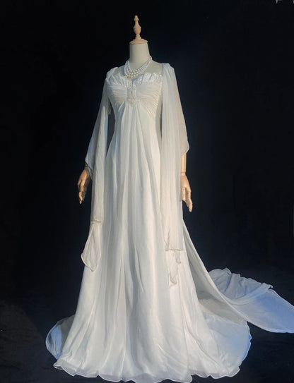 Unique Wedding Dresses A Line Sweetheart Boho Chiffon With Scarf White Long Bridal Gown N3397