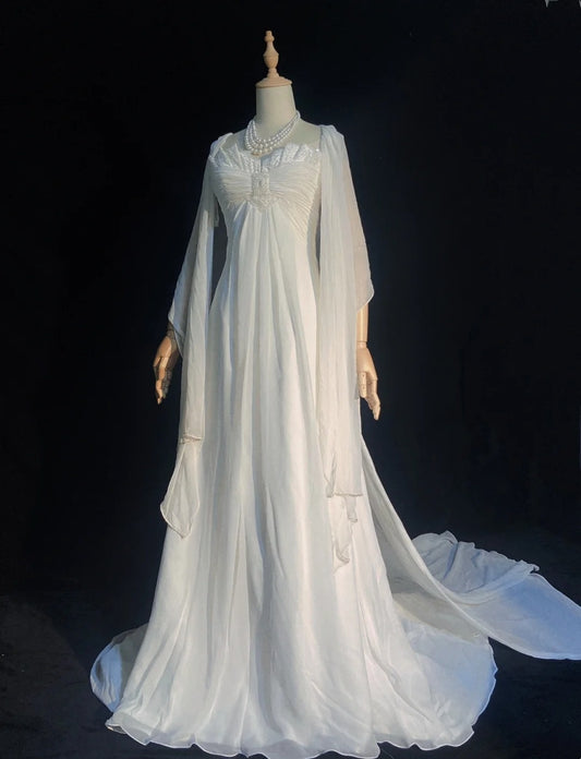 Unique Wedding Dresses A Line Sweetheart Boho Chiffon With Scarf White Long Bridal Gown N3397