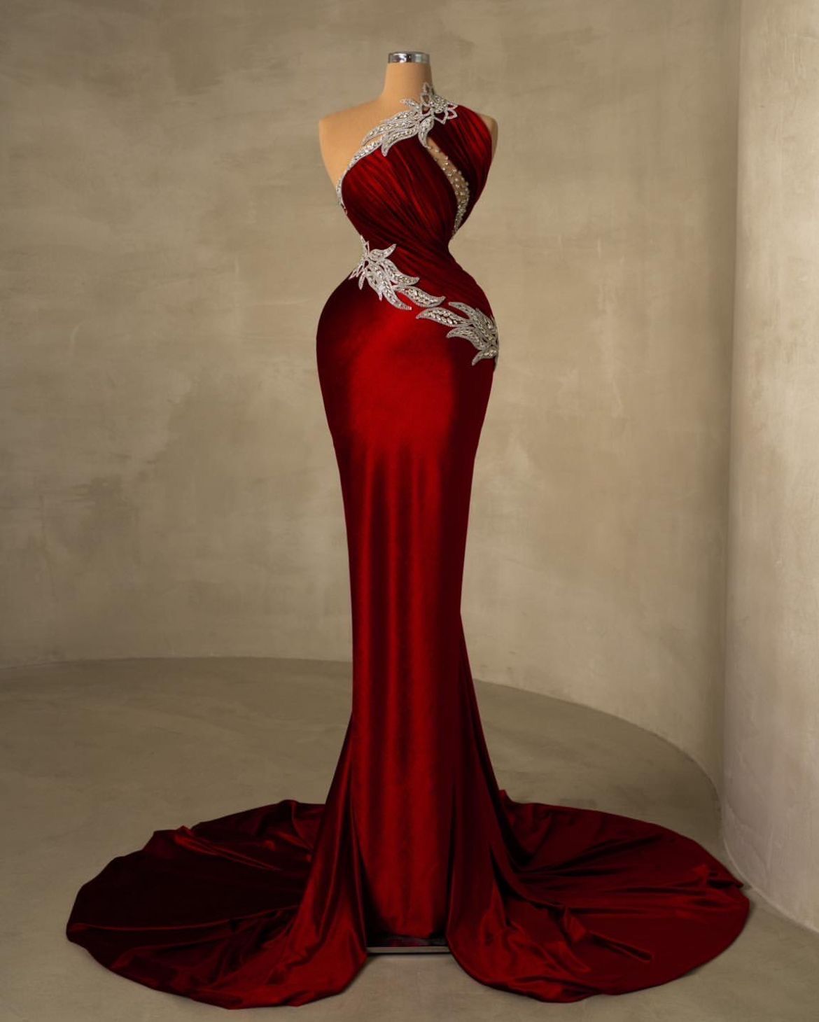 Vintage Mermaid One Shoulder Burgundy Velvet With Beads For Women Party Dresses Formal Prom Dress Inspo 22th Birthday Gown AB1402