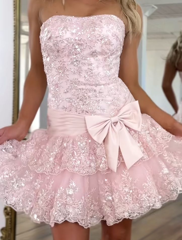 Beautiful Short Homecoming Dresses Sheath Strapless Pink Semi Formal Graduation Hoco Outfit RB4668