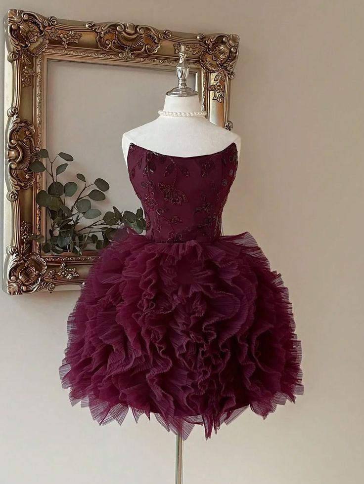 Modest Ball Gown Strapless Burgundy Tulle Short With Lace Homecoming Dress Inspo Ideas Mini Party Dresses RB6909