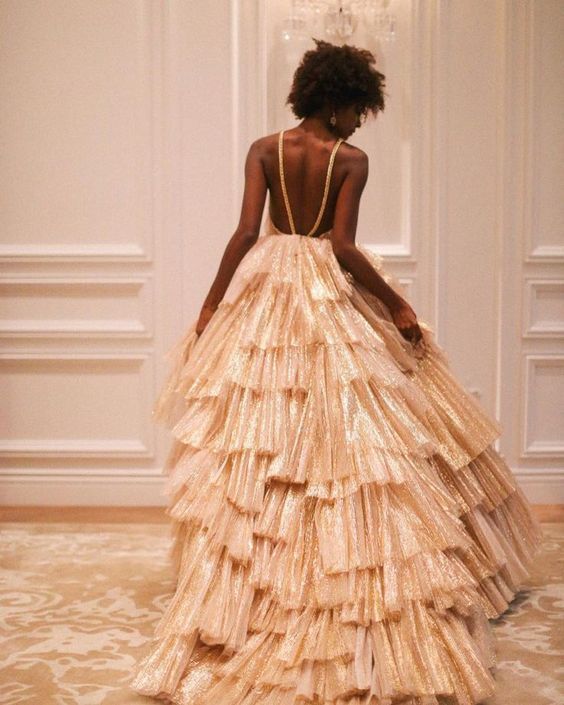 Luxurious Gold Pleated Layered Prom Dress Ball Gown Quinceanera Party Dress N801