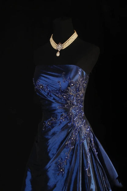 Stunning Navy Blue Strapless Beaded Long Prom Dresses Evening Formal Dress AB318