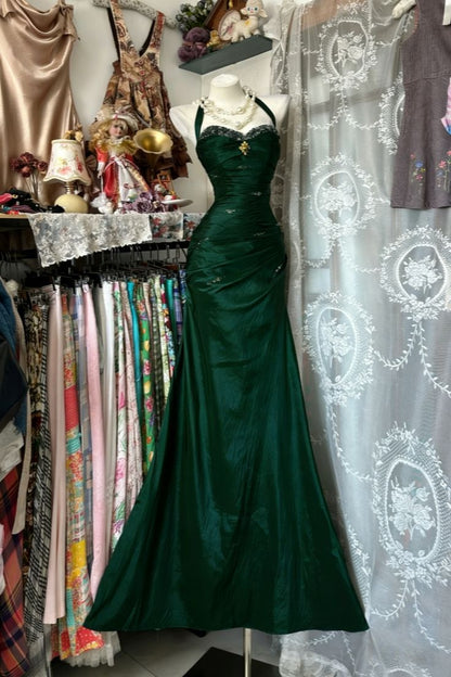 Vintage Halter Sheath Long Prom Dresses Beaded Satin Blue Evening Dresses Sleeveless Birthday Dresses N783