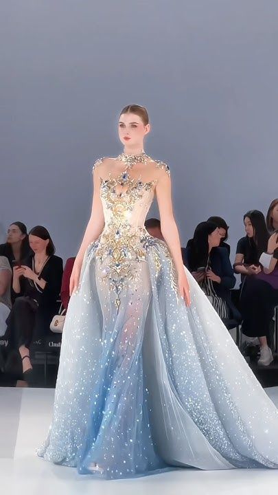 Modest Mermaid High Neck Blue Tulle Gold Beaded Long Prom Dresses Inspiration Evening Gowns For Women Formal Party Dress AB1218