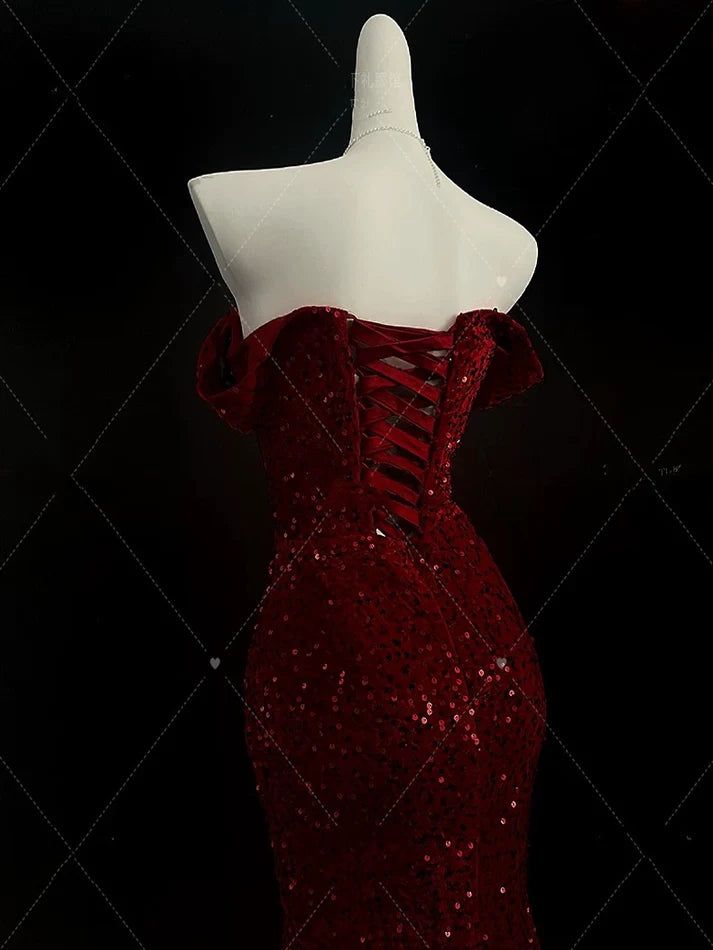 Classy Mermaid Sweetheart Red Slit Sequins Long Evening Gowns Prom Dresses AB130