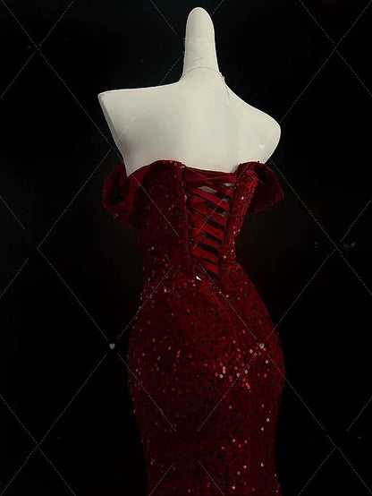 Classy Mermaid Sweetheart Red Slit Sequins Long Evening Gowns Prom Dresses AB130