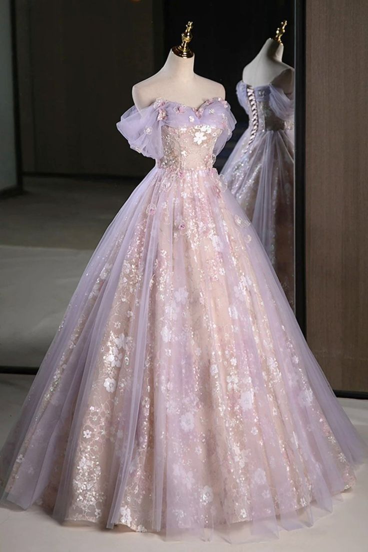 Modest Lilac Off The Shoulder Tulle A Line Prom Dress With Appliques AB133