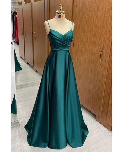 Classy Slim Long Green Satin A line Prom Dress With Straps AB135