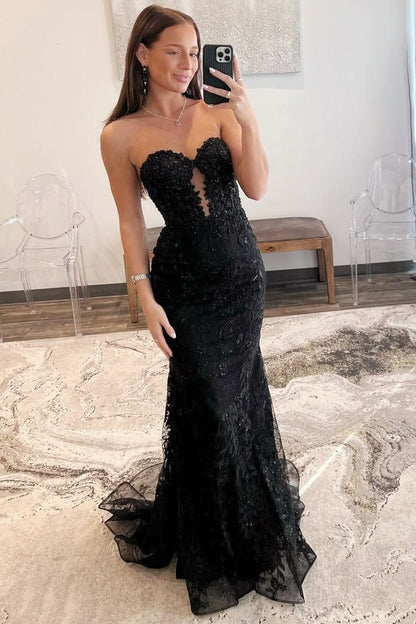 Lace Appliques Sweetheart Keyhole Trumpet Long Prom Dress Formal Gowns Inspo Evening Outfit N248
