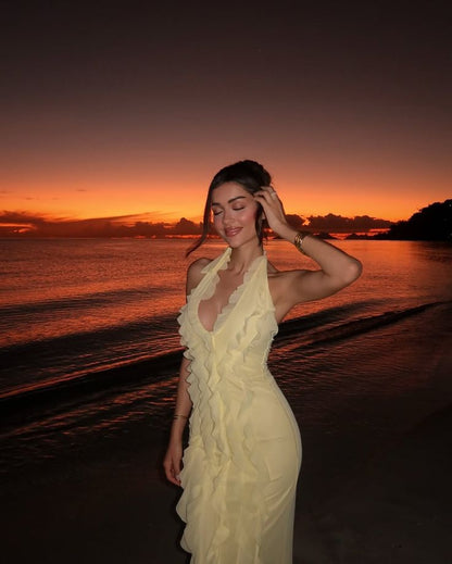 Ruffles Decoration Long Prom Dress Women Halter Low-Neck Backless Sleeveless Vacation Wedding Guest Gown N251