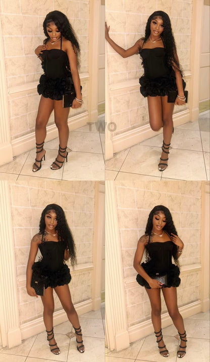 Sexy Sheath Halter Little Black Dress For Black Girls For Teens With Flowers Party Short Mini 19th Birthday Dresses Hoco Outfit RB3793