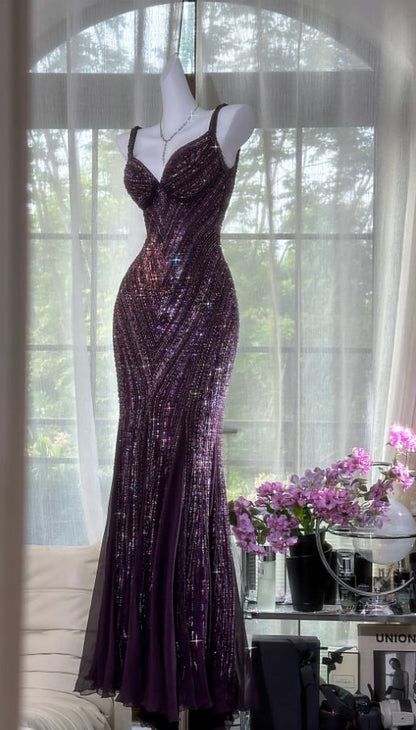 Vintage V Neck Dark Purple Chiffon Sequin Mermaid Long Party Gown Evening Dress 20th Birthday Outfits N875