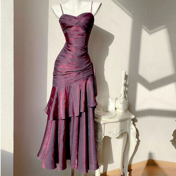 Sexy Mermaid Spaghetti Strap Satin Grape Long Prom Dresses Party Dress 19th Birthday Outfits Graduation Gown N880