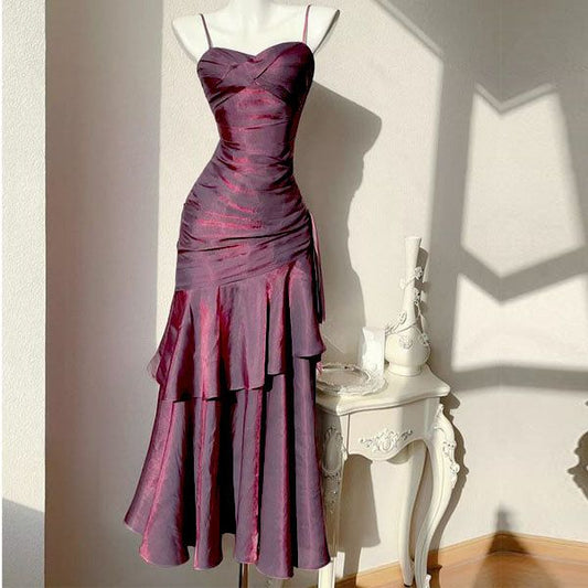 Sexy Mermaid Spaghetti Strap Satin Grape Long Prom Dresses Party Dress 19th Birthday Outfits Graduation Gown N880