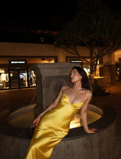 Spaghetti Straps Yellow Satin Mermaid Long Evening Prom Dresses Backless Vacation Wedding Guest Dress N260